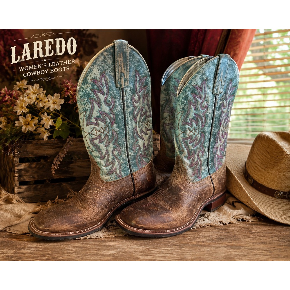 Laredo Womens Leather Cowboy Boots Brown Turquoise Embroidered  Cowgirl Size 8